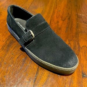 John Varvatos black suede monk strap slip on 
shoes.